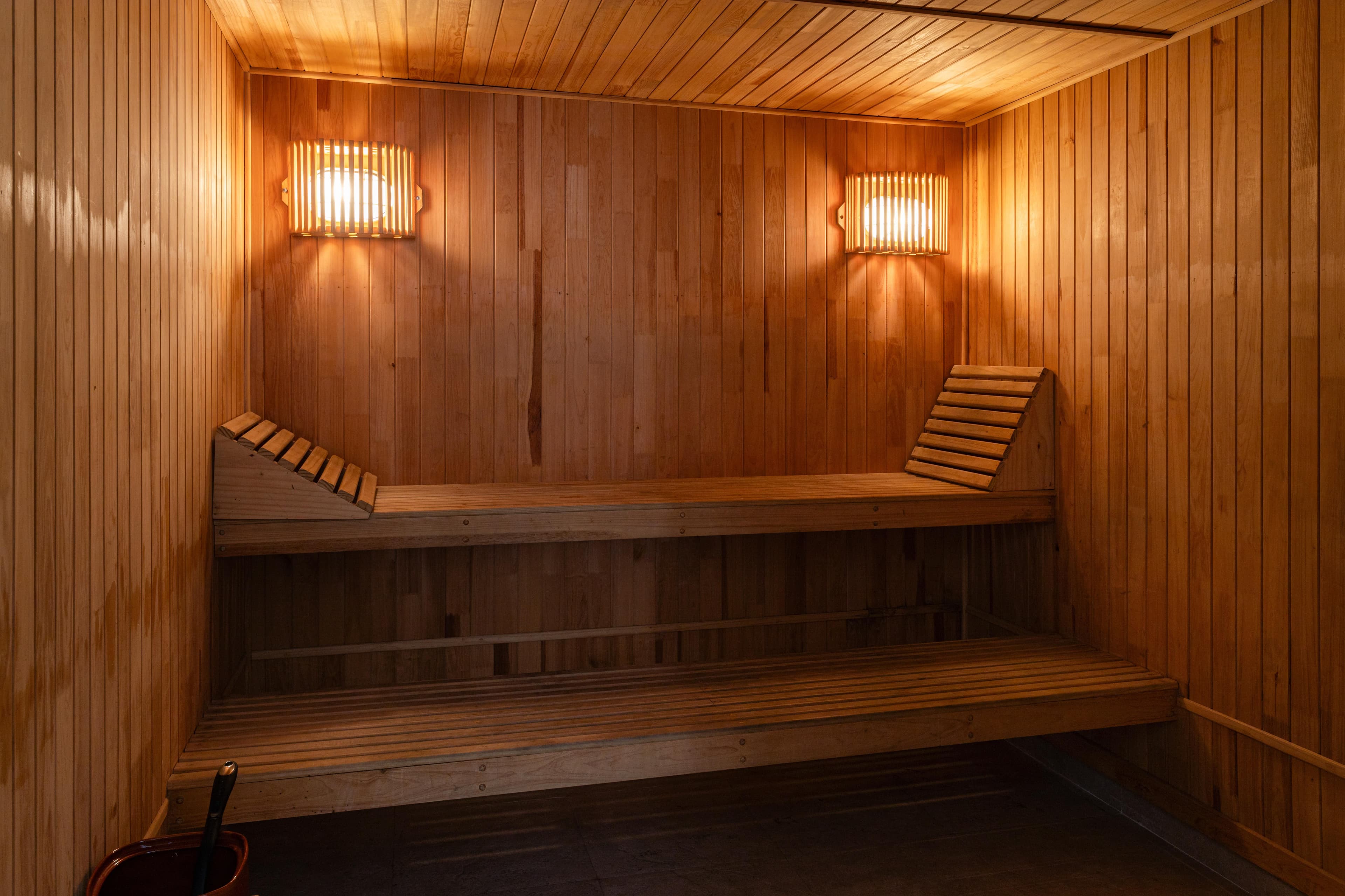 A bucket and ladle beside a sauna door, with cool outdoor air and morning light beyond it